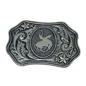 Vintage Pewter Western Belt Buckle Cowboy Bronco Rider Stars Rodeo Design